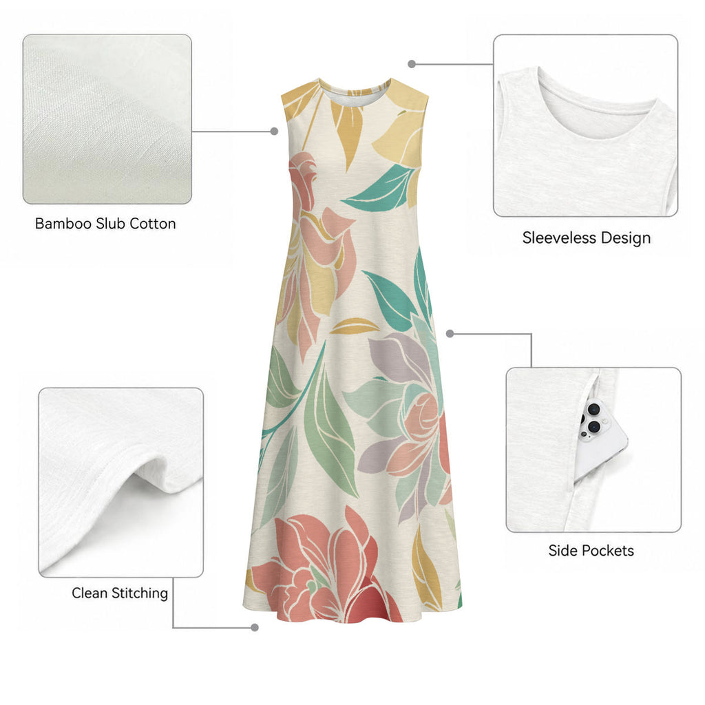 Floral Print Women's Cotton Sleeveless Dress With Pocket|125GSM Slub Cotton