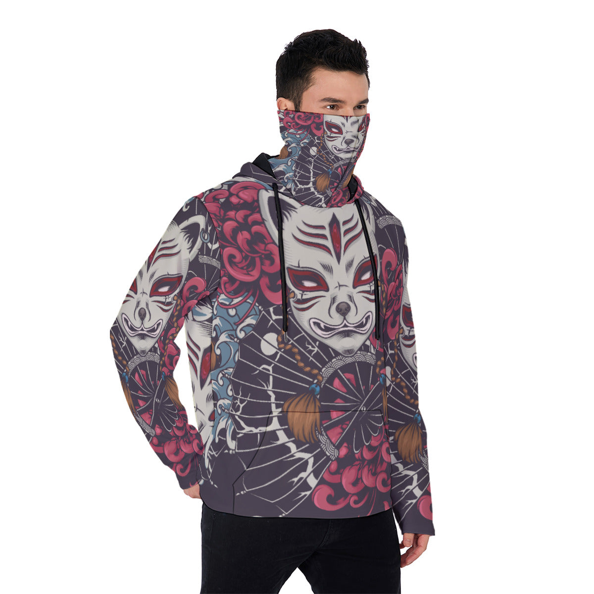 Full Body Japanese Tattoo Print Men's Heavyweight Fleece Hoodie With Retractable Face Mask