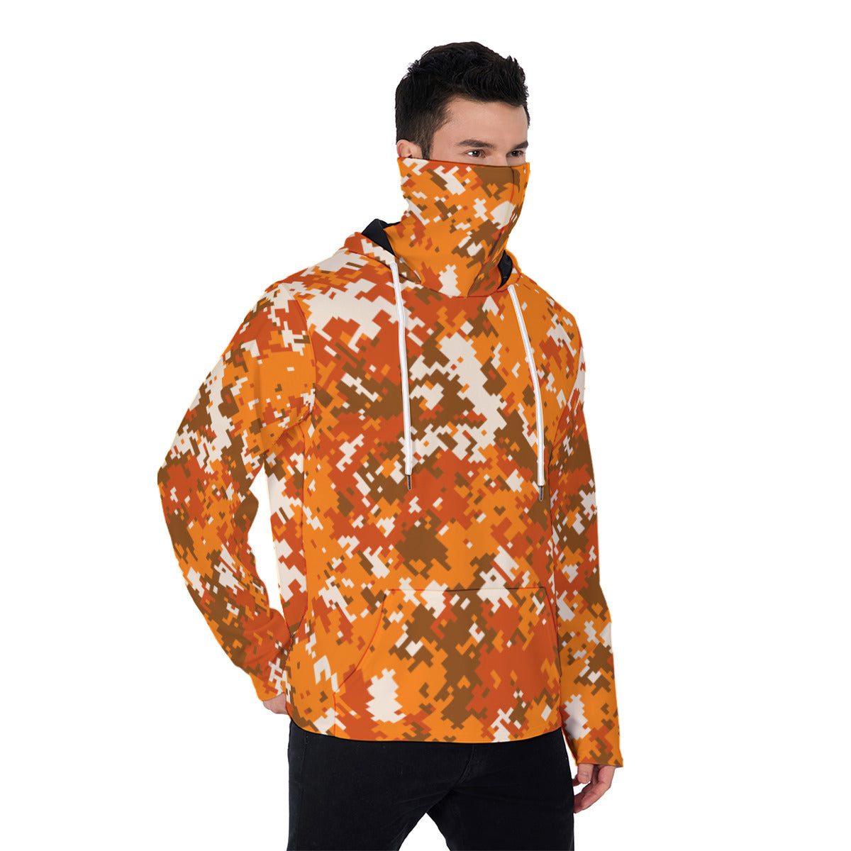 Hi Visibility Orange Camouflage Men's Heavyweight Fleece Hoodie With Retractable Face Mask