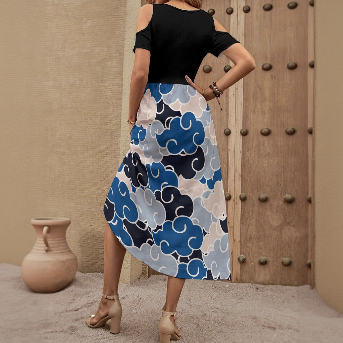 Women's V-neck Off-shoulder Dress With Black Top and Asian Cloud Bottom