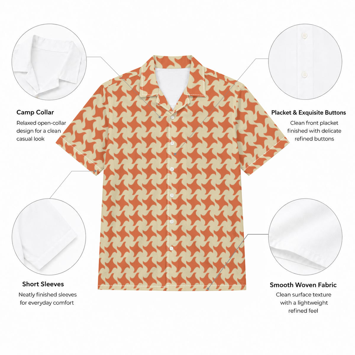 Orange and Cream Houndstooth Print Men's Cotton Hawaiian Style Shirt |115GSM Cotton poplin
