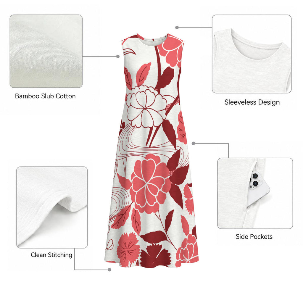 Red and White Floral Print 100% Cotton Women's Sleeveless Dress With Pocket|125GSM Slub Cotton