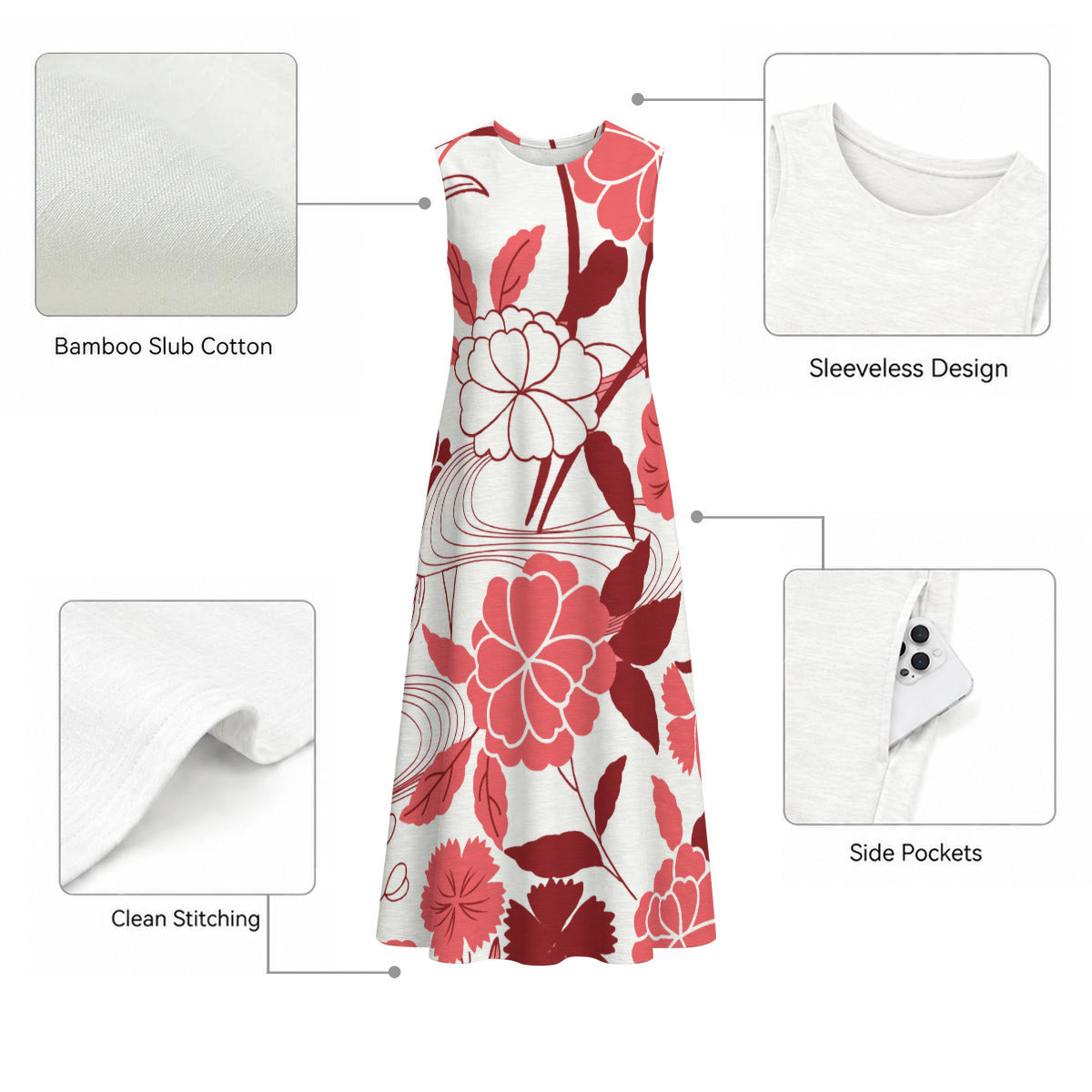 Red and White Floral Print 100% Cotton Women's Sleeveless Dress With Pocket|125GSM Slub Cotton