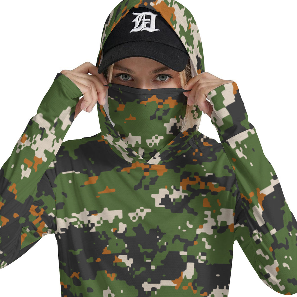 Green Pixel Camoflage Print UV-Resistant Women’s Hooded Shirt w/Retractable Facemask
