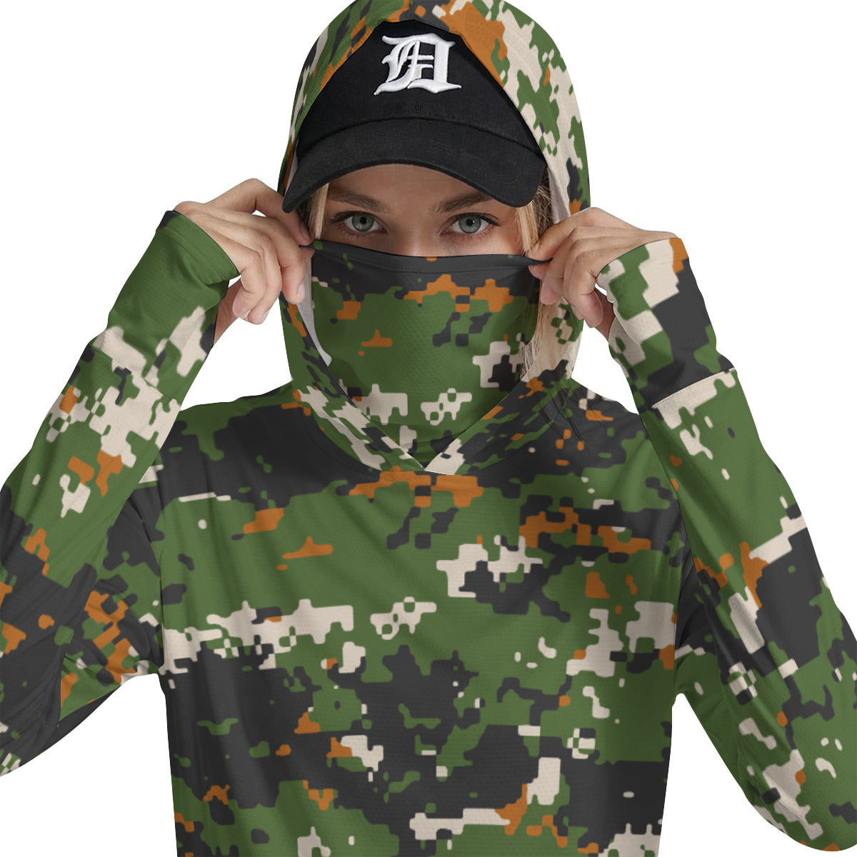 Green Pixel Camoflage Print UV-Resistant Women’s Hooded Shirt w/Retractable Facemask