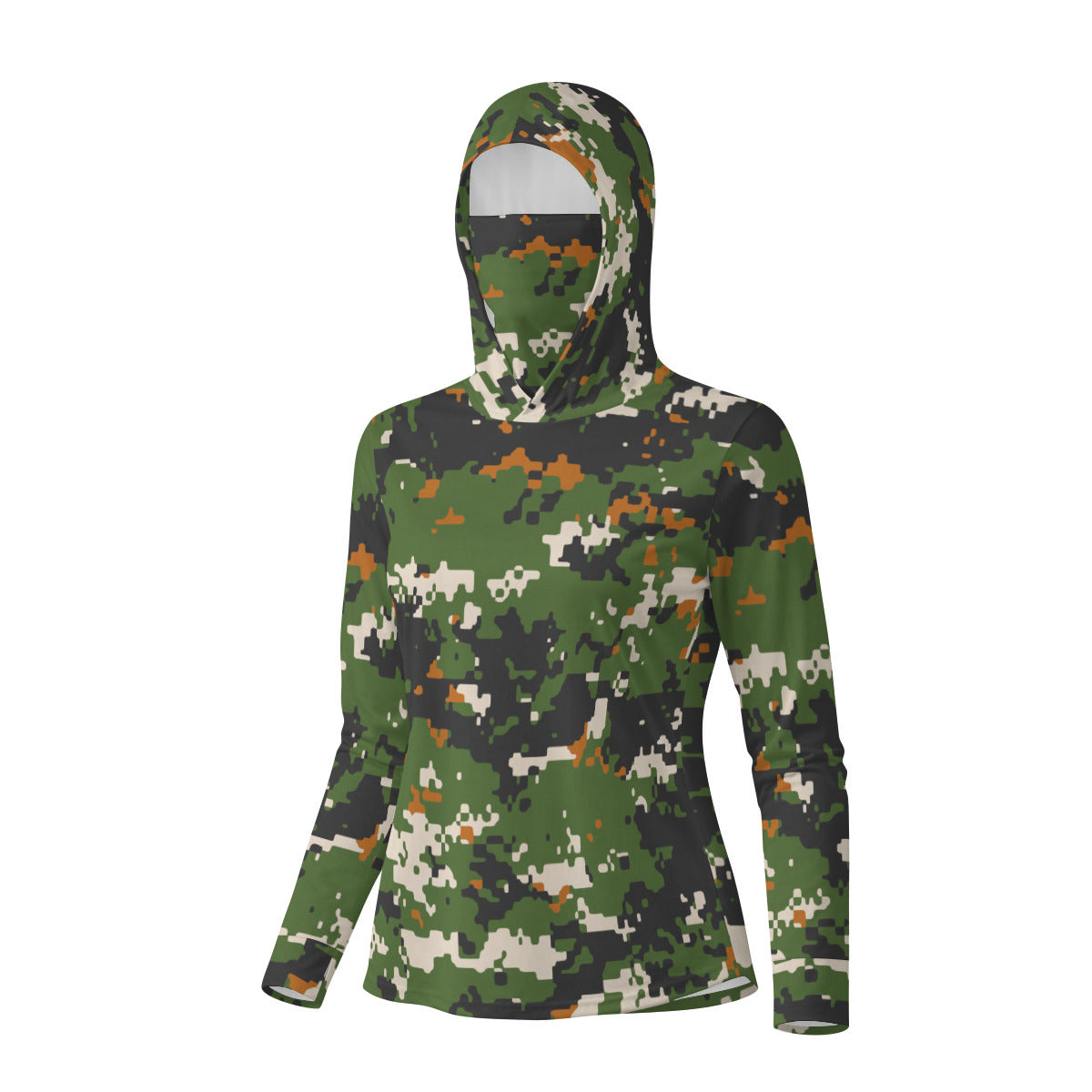 Green Pixel Camoflage Print UV-Resistant Women’s Hooded Shirt w/Retractable Facemask