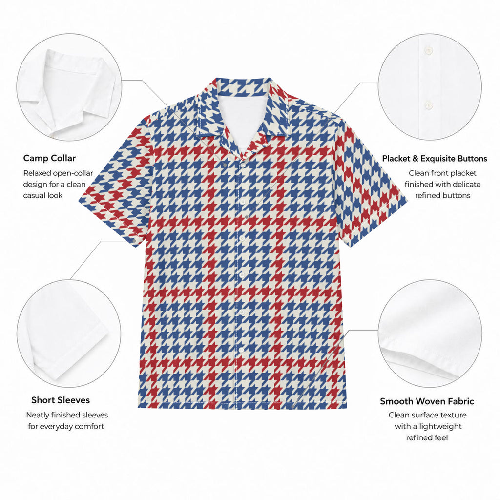 Blue and Orange Houndstooth Print Men's Hawaiian Style Shirt |115GSM Cotton poplin