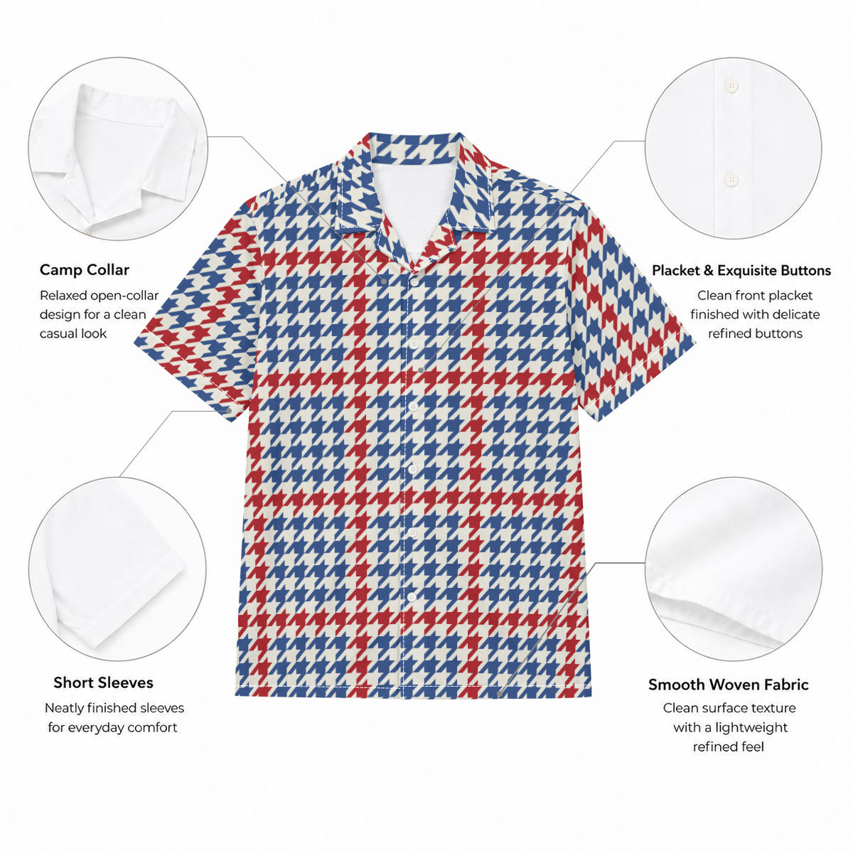 Blue and Orange Houndstooth Print Men's Hawaiian Style Shirt |115GSM Cotton poplin