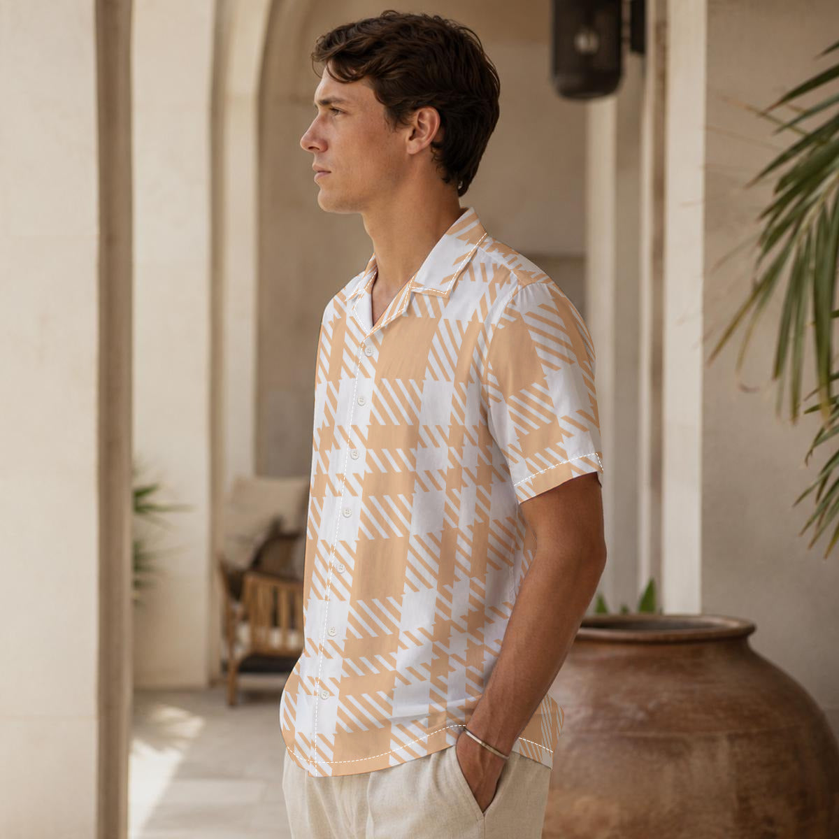 Orange Plaid Print Cotton Men's Hawaiian Shirt |115GSM Cotton poplin