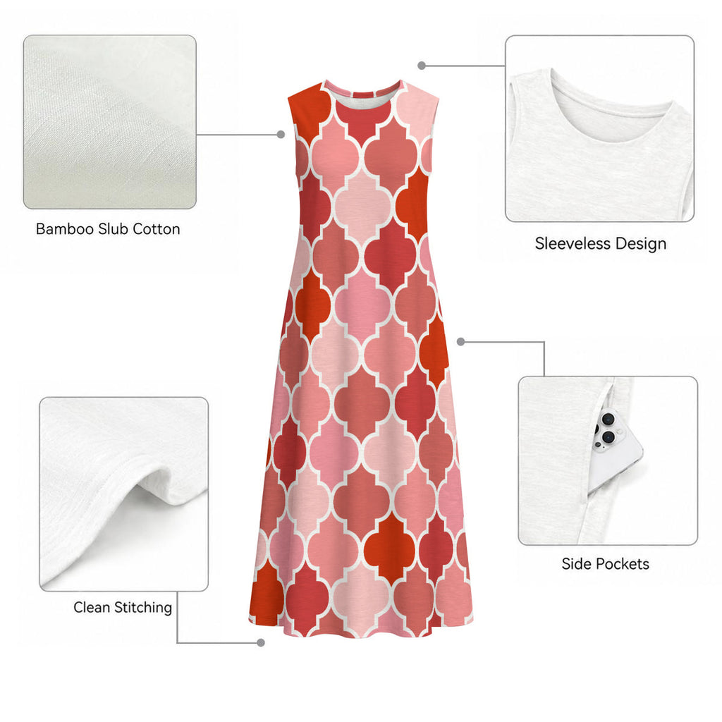 Red Moorish Lantern 100% Cotton Women's Sleeveless Dress With Pocket|125GSM Slub Cotton