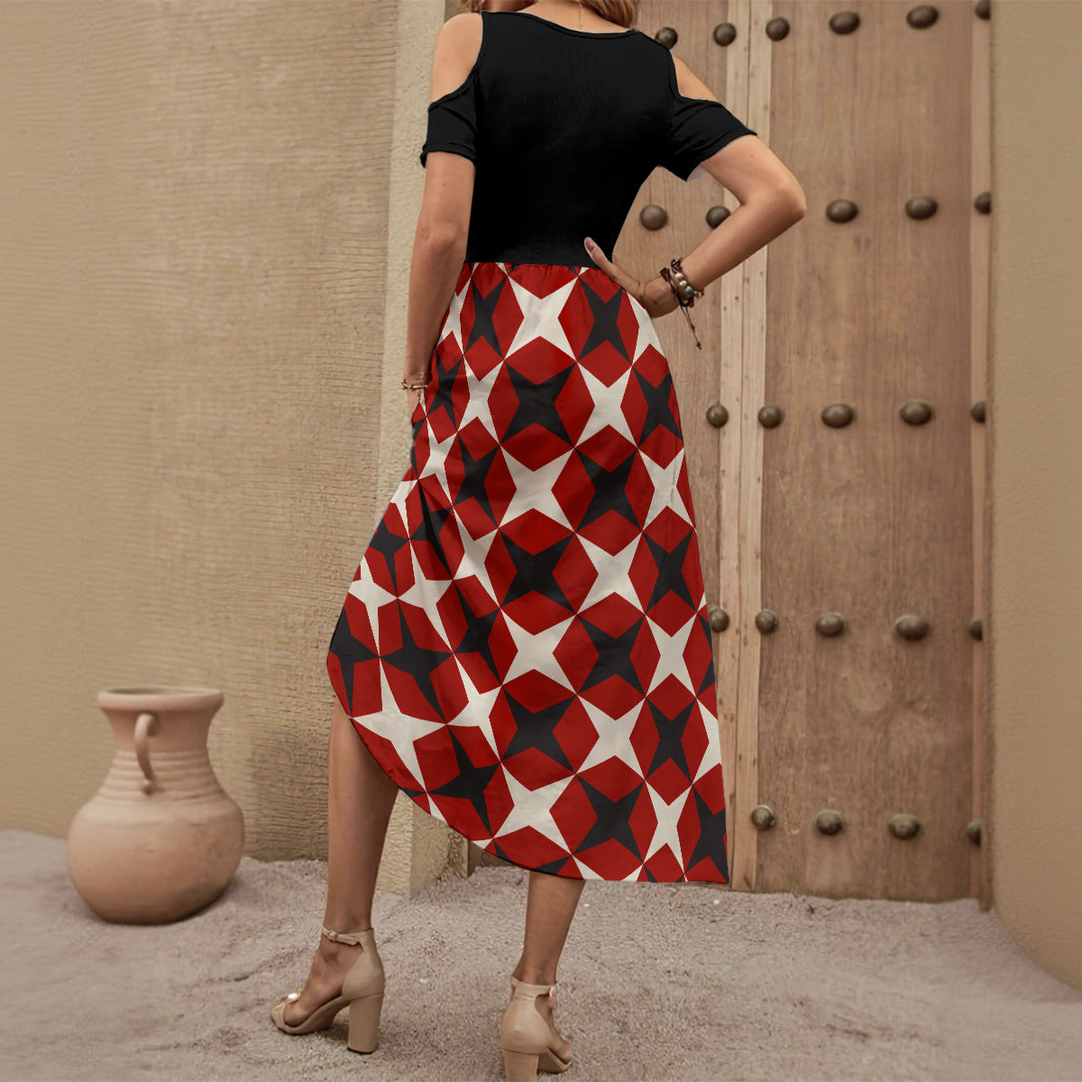 Women's V-neck Off-shoulder Dress With Retro Bottom