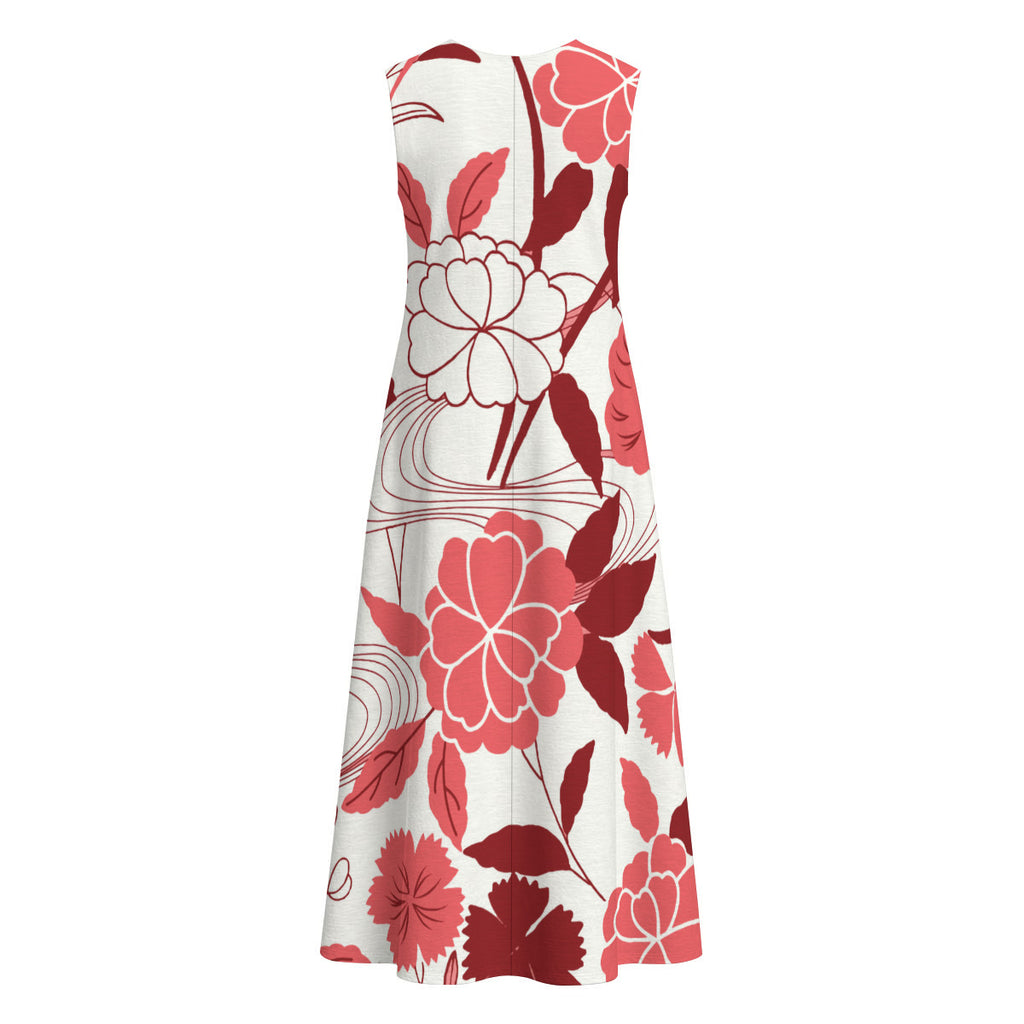 Red and White Floral Print 100% Cotton Women's Sleeveless Dress With Pocket|125GSM Slub Cotton