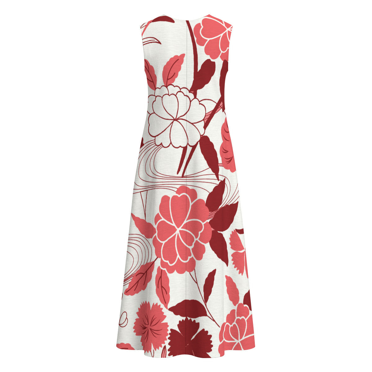 Red and White Floral Print 100% Cotton Women's Sleeveless Dress With Pocket|125GSM Slub Cotton