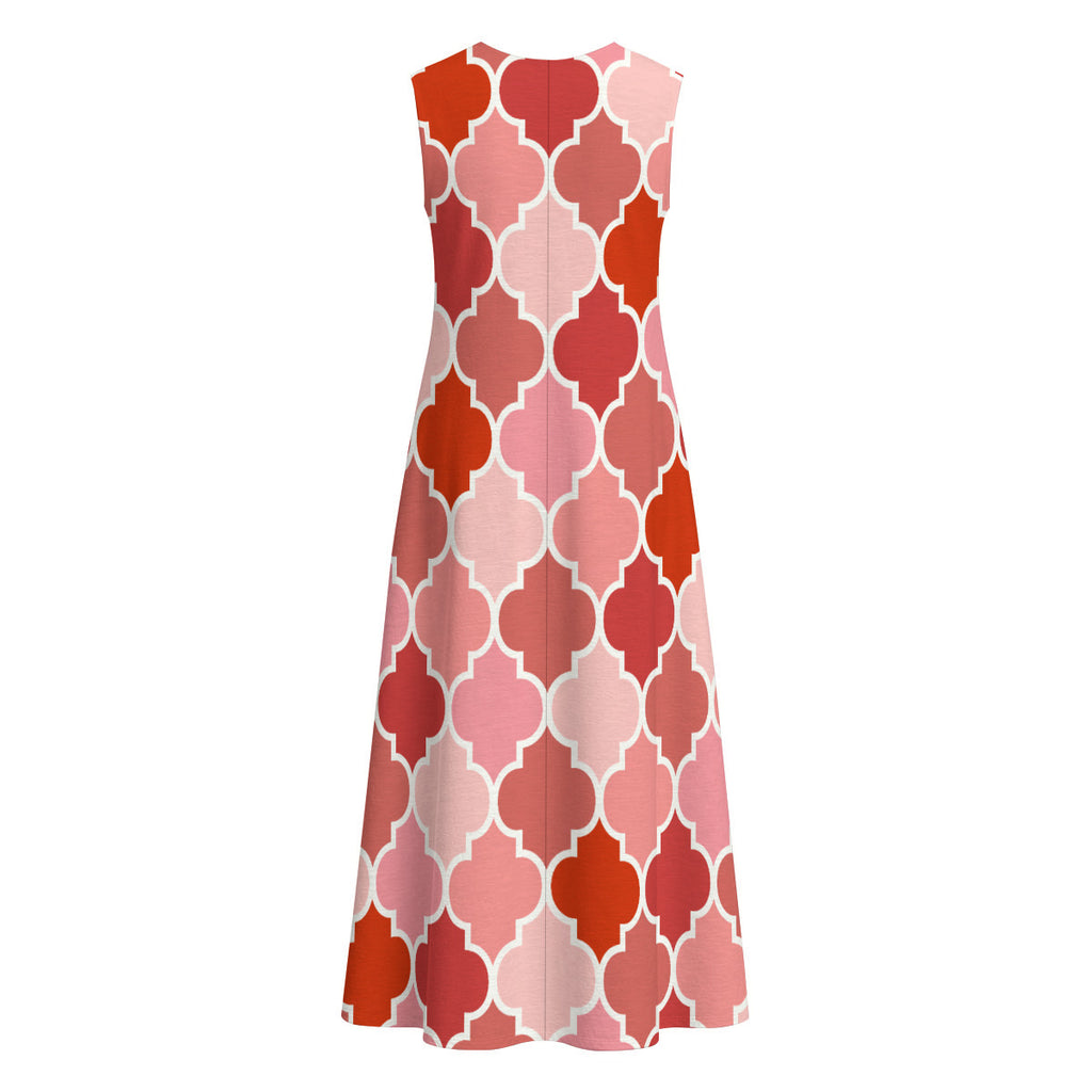 Red Moorish Lantern 100% Cotton Women's Sleeveless Dress With Pocket|125GSM Slub Cotton