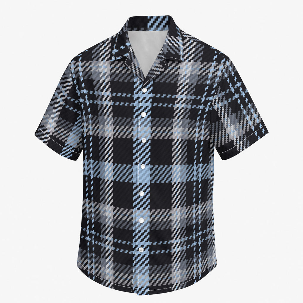 Blue, Black, and White Large Print Plaid Men's Hawaiian Shirt |115GSM Cotton poplin
