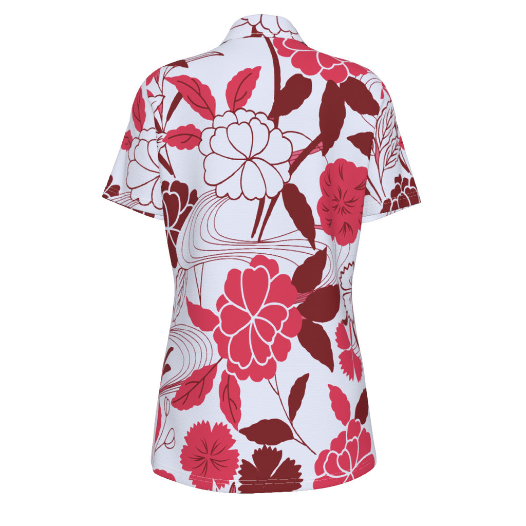 Red, white and burgundy floral Print Women's UV Protection POLO Shirt
