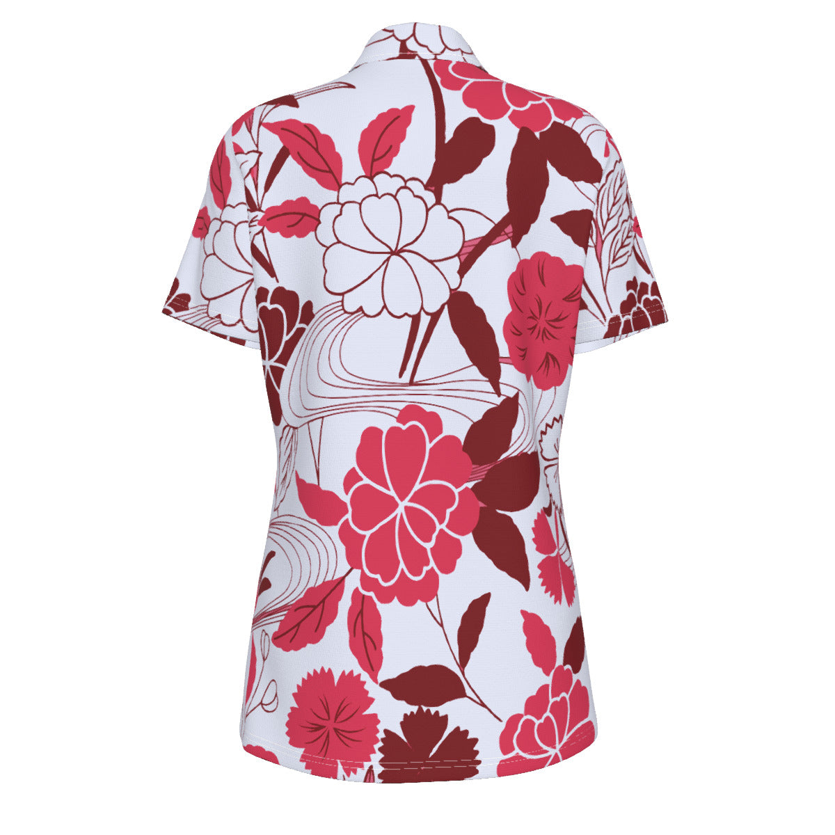 Red, white and burgundy floral Print Women's UV Protection POLO Shirt