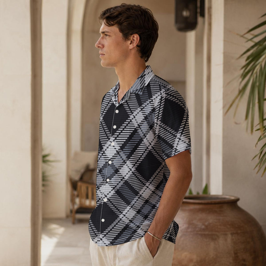 Black and White Diagonal Tartan Print Men's Hawaiian Shirt |115GSM Cotton poplin