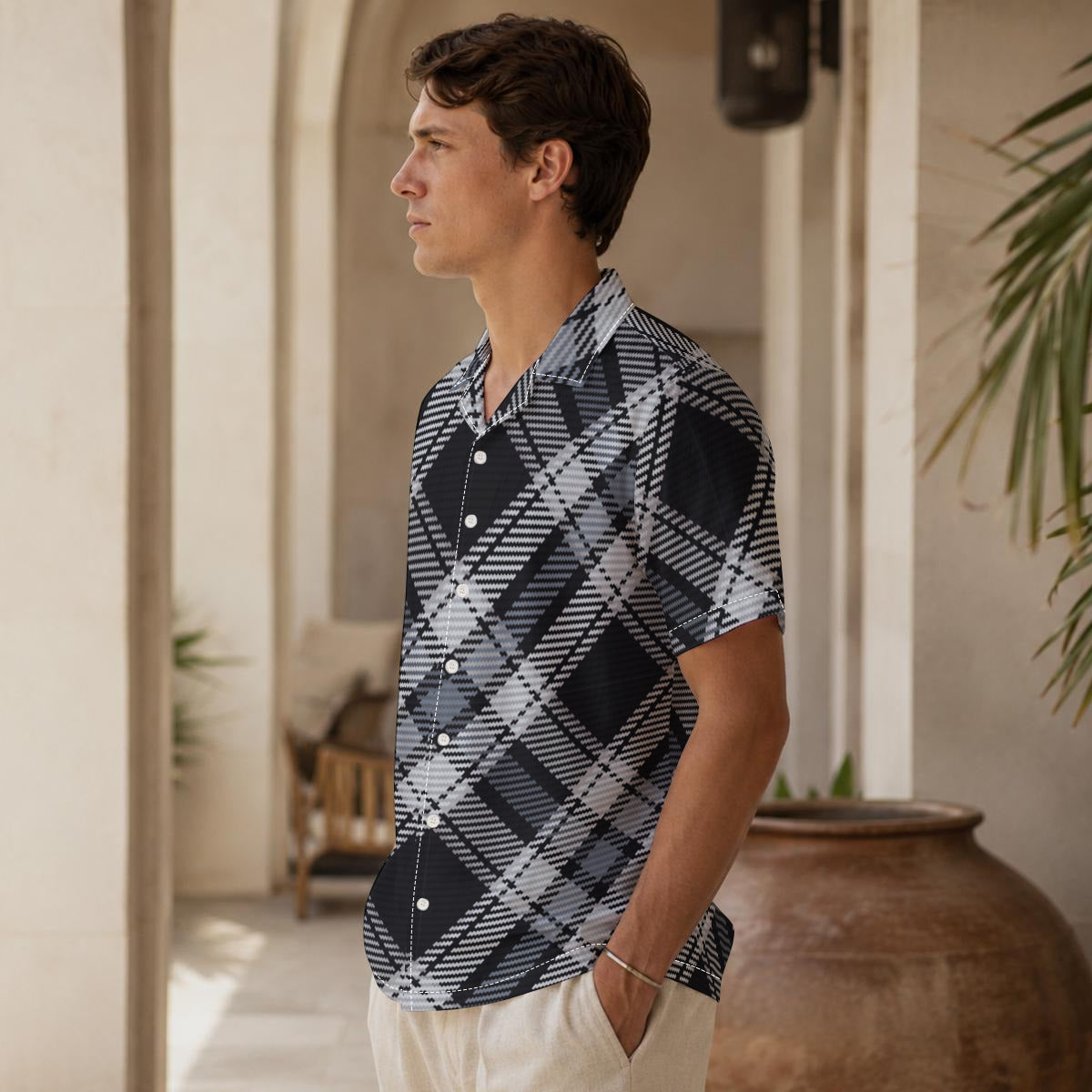 Black and White Diagonal Tartan Print Men's Hawaiian Shirt |115GSM Cotton poplin