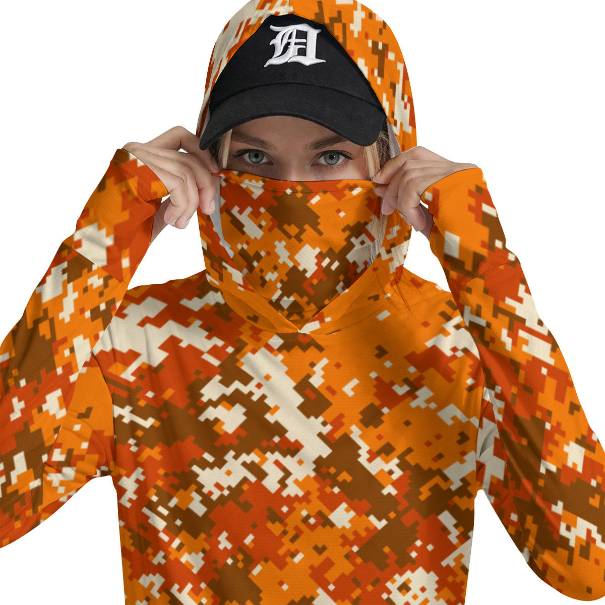 High-Viz Orange Pixel Camoflage Print Women’s UV-Resistant Hooded shirt w/retractable face mask