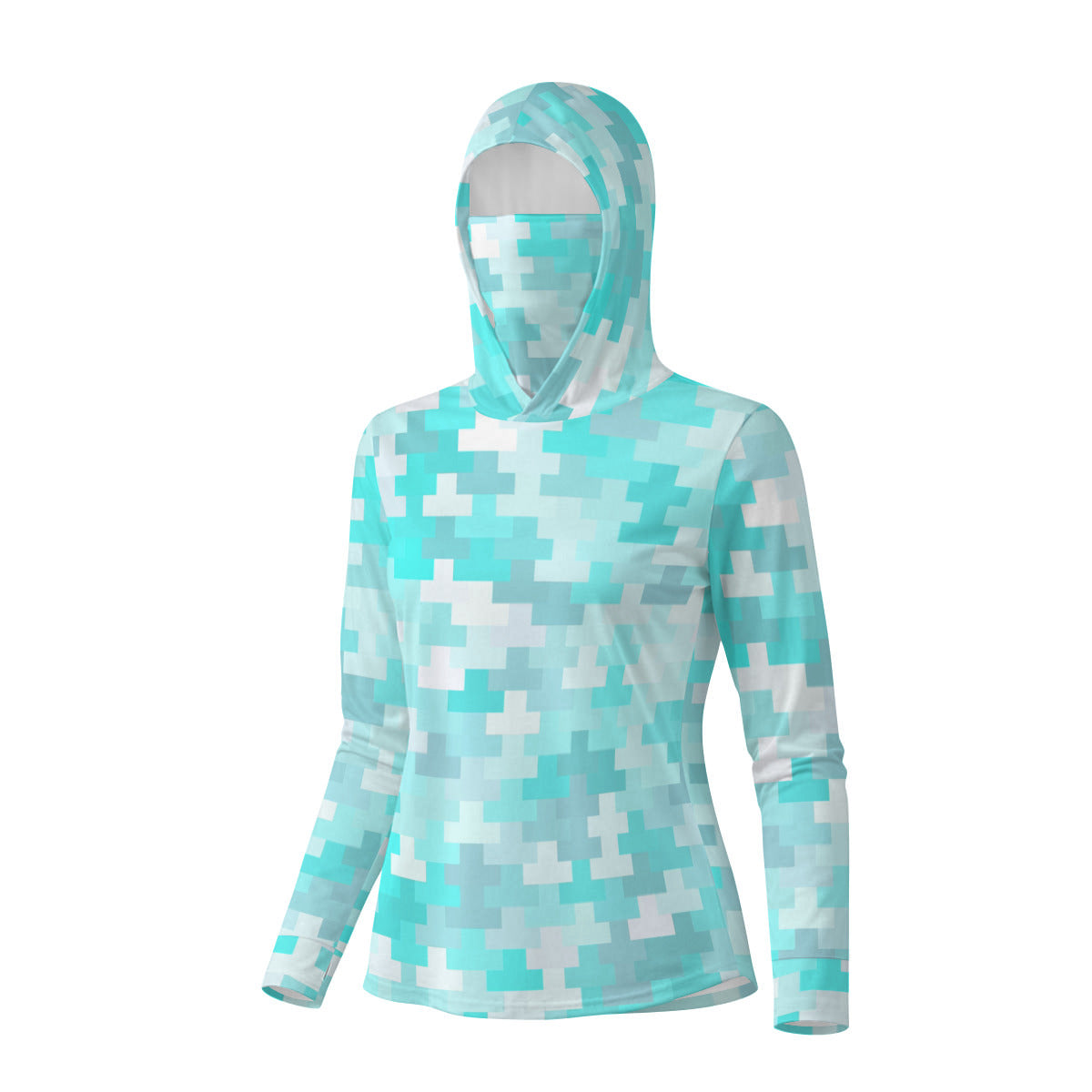 Aquamarine Pixel Print Women’s UV-Resistant Hooded Shirt w/Retractable Face-Cover