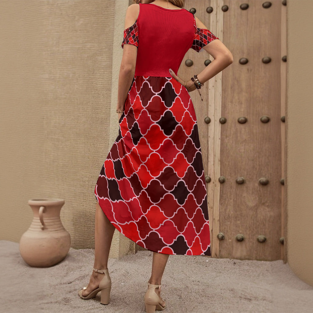 Red and Black Quatrefoil Bottom Women's V-neck Off-shoulder Dress