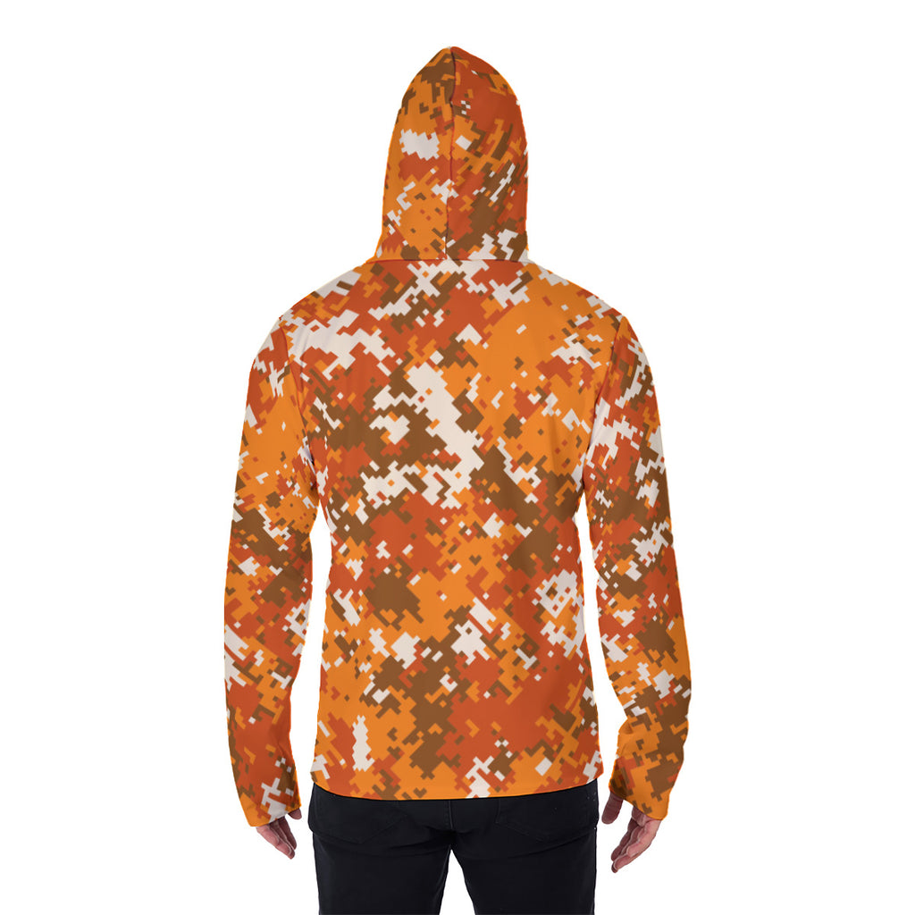 Hi Visibility Orange Camouflage Men's Heavyweight Fleece Hoodie With Retractable Face Mask