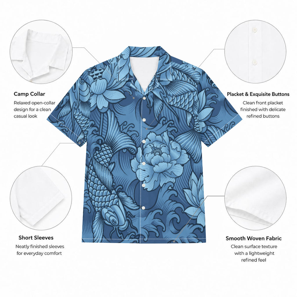 Blue Koi Pond Print Men's Hawaiian Shirt |115GSM Cotton poplin