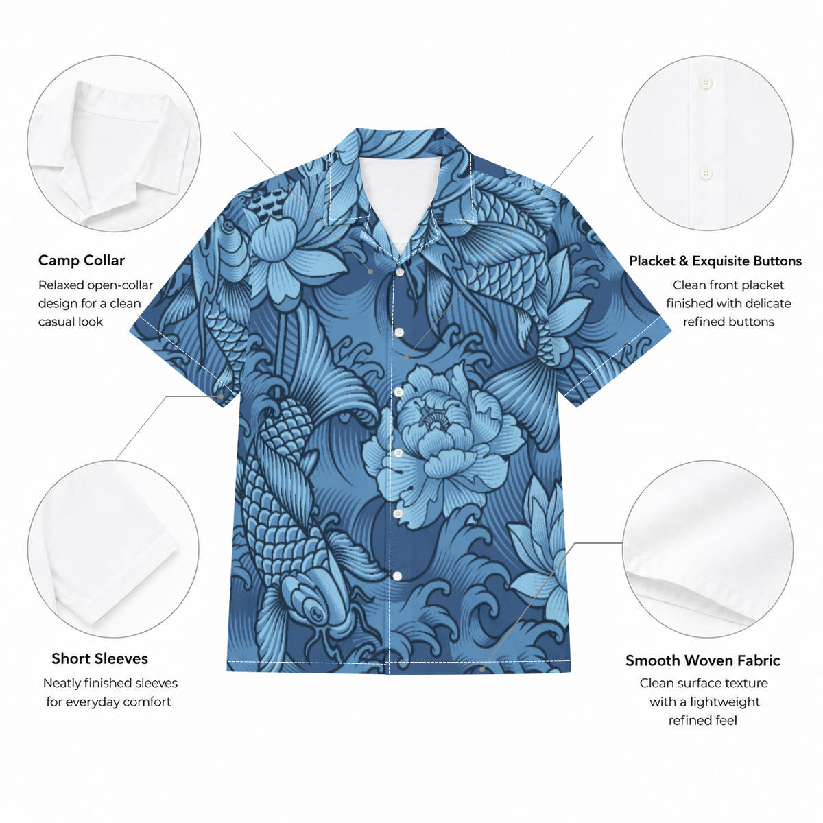 Blue Koi Pond Print Men's Hawaiian Shirt |115GSM Cotton poplin