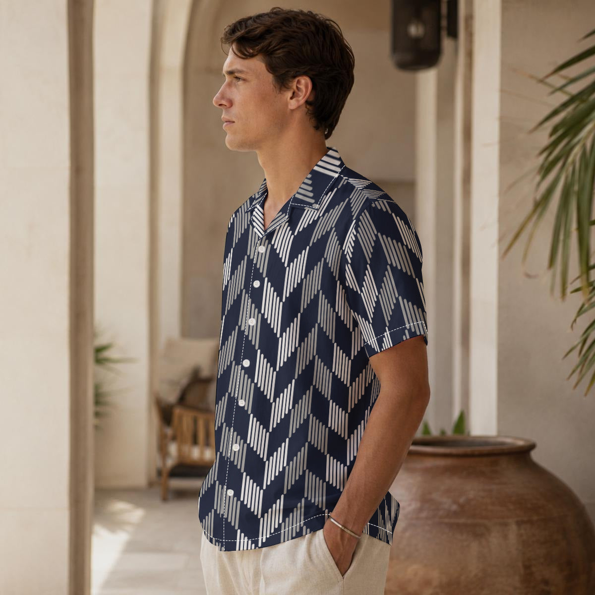 Black and Gray Feather Print Men's Hawaiian Shirt | 115GSM Cotton poplin
