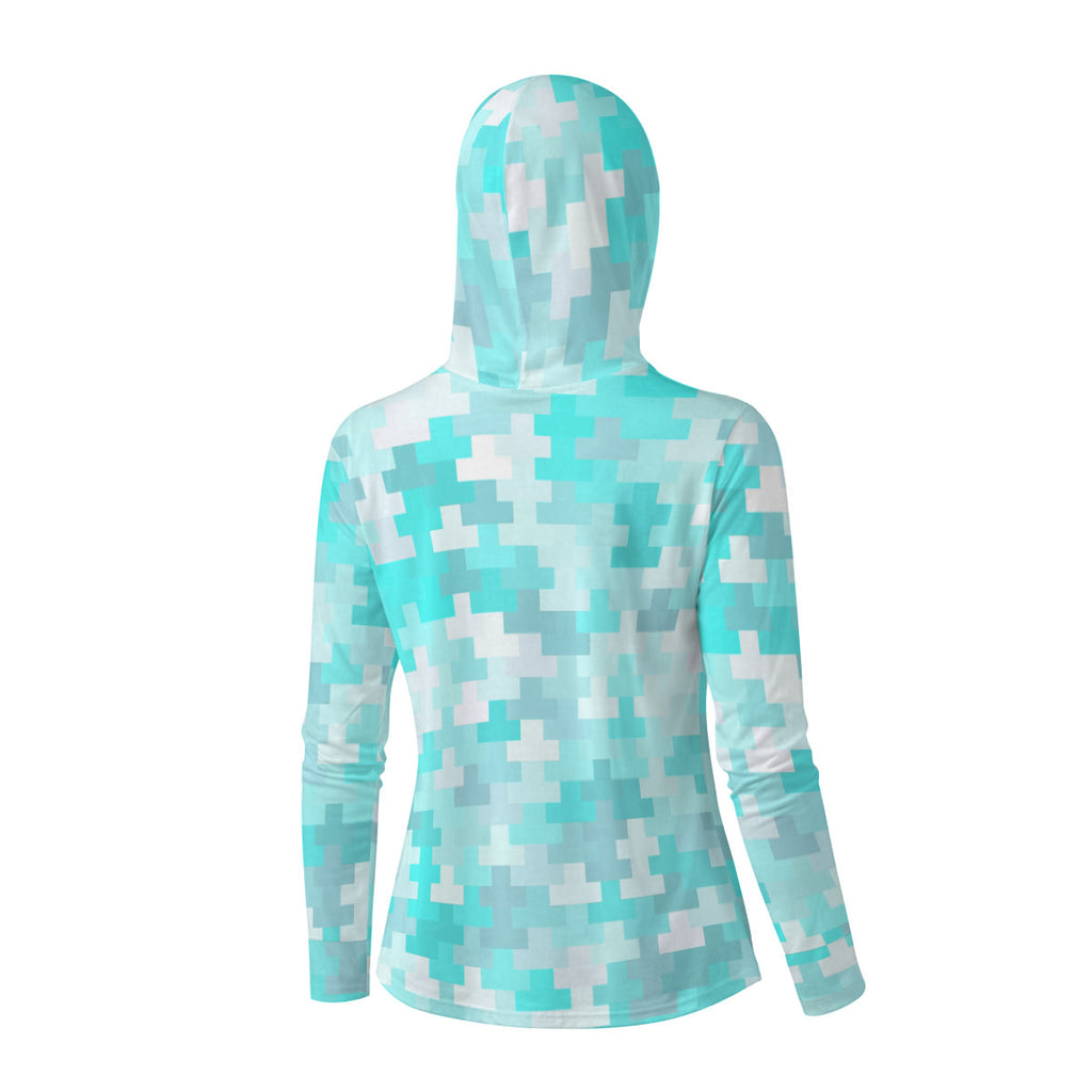 Aquamarine Pixel Print Women’s UV-Resistant Hooded Shirt w/Retractable Face-Cover