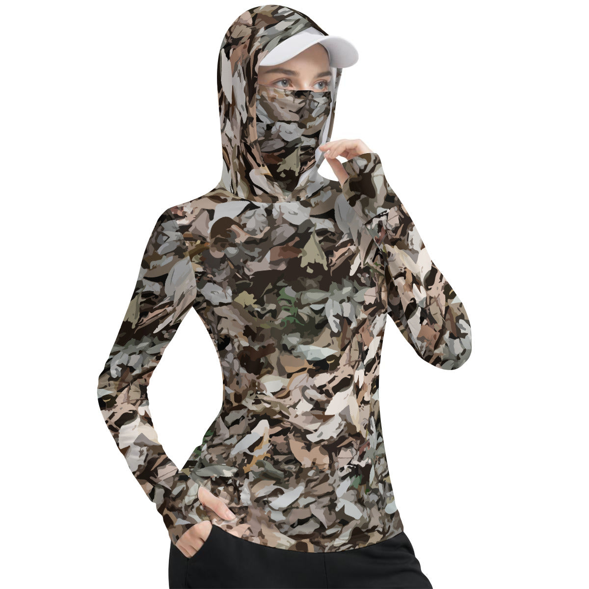 Leafy Forest Camouflage Print Women’s UV-Resistant Hooded Shirt w/Retractable Facemask