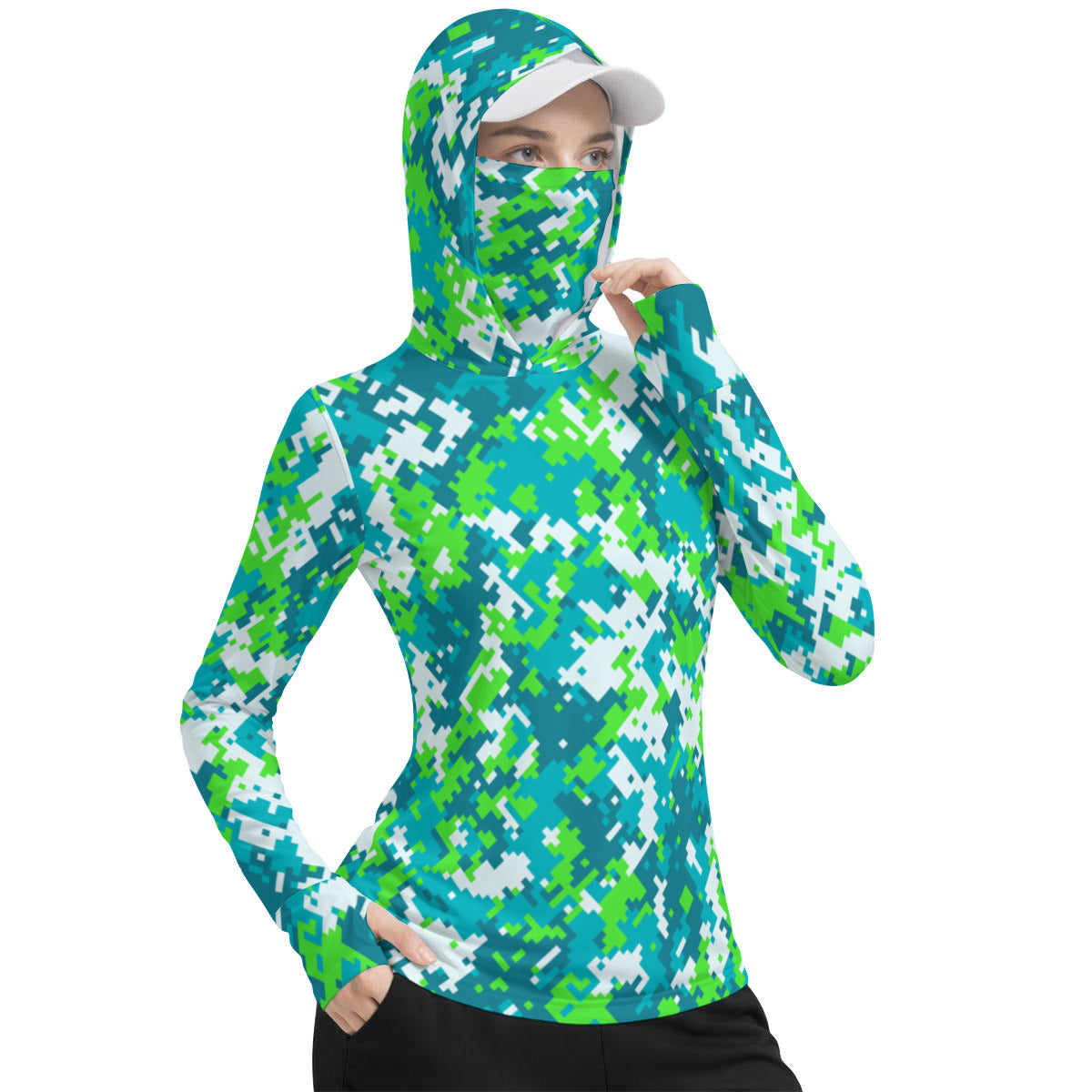High Visiblity Neon Green Camouflage Women's UV-Resistant Hooded Shirt W/Retractable Facemask