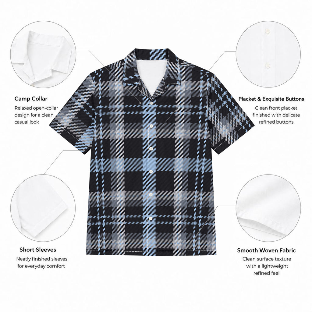 Blue, Black, and White Large Print Plaid Men's Hawaiian Shirt |115GSM Cotton poplin