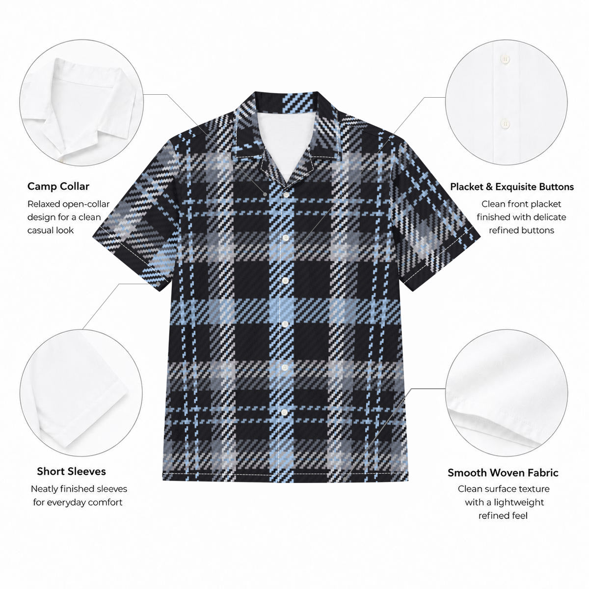Blue, Black, and White Large Print Plaid Men's Hawaiian Shirt |115GSM Cotton poplin
