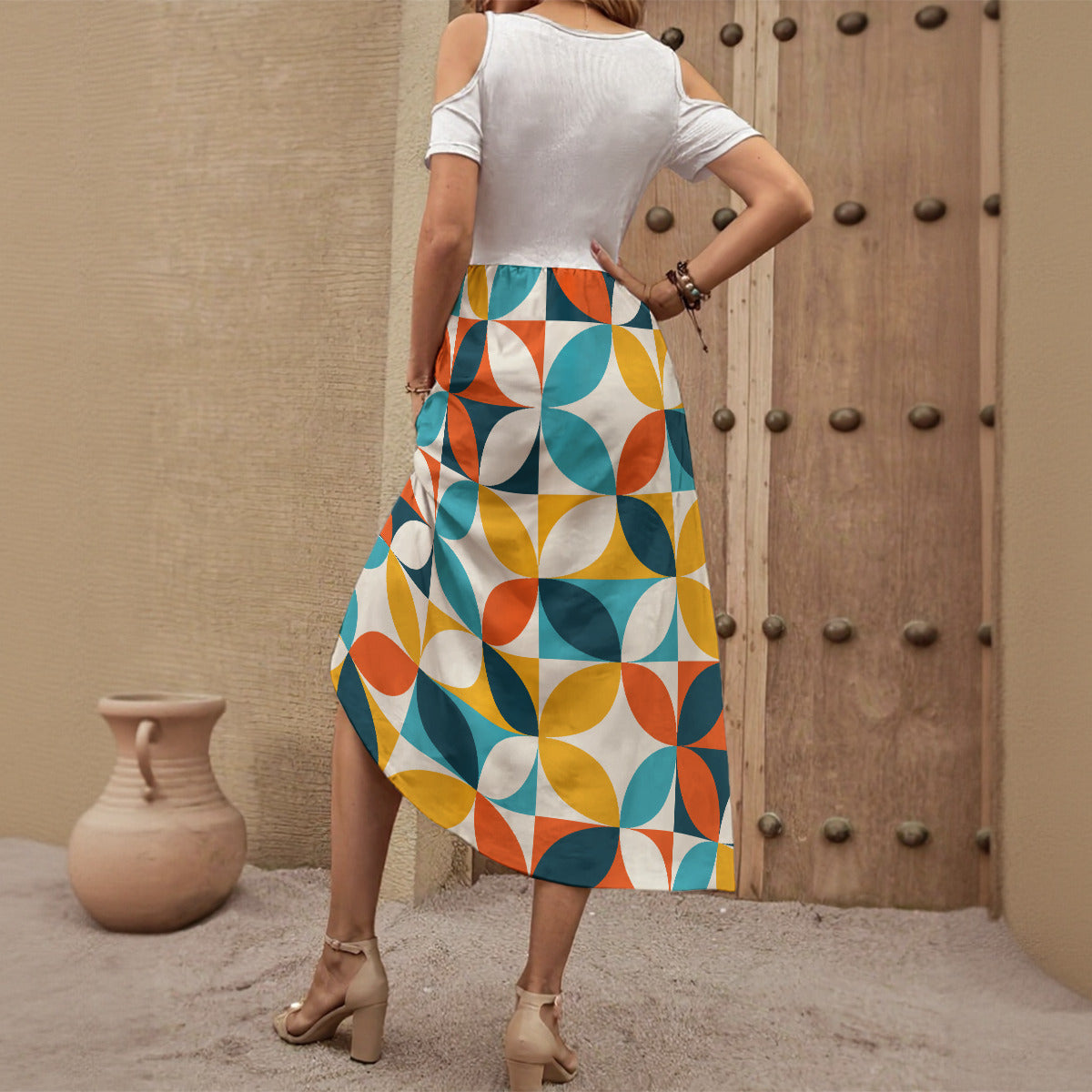 Women's Reto multi-color V-neck Off-the-shoulder maxi Dress