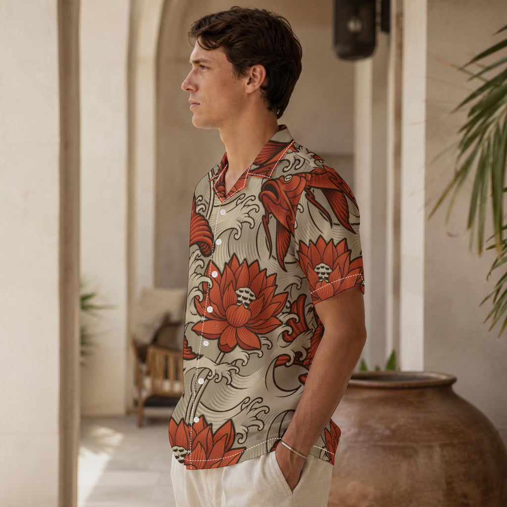 Orange and Cream Japanese Koi Print Men's Hawaiian Shirt |115GSM Cotton poplin