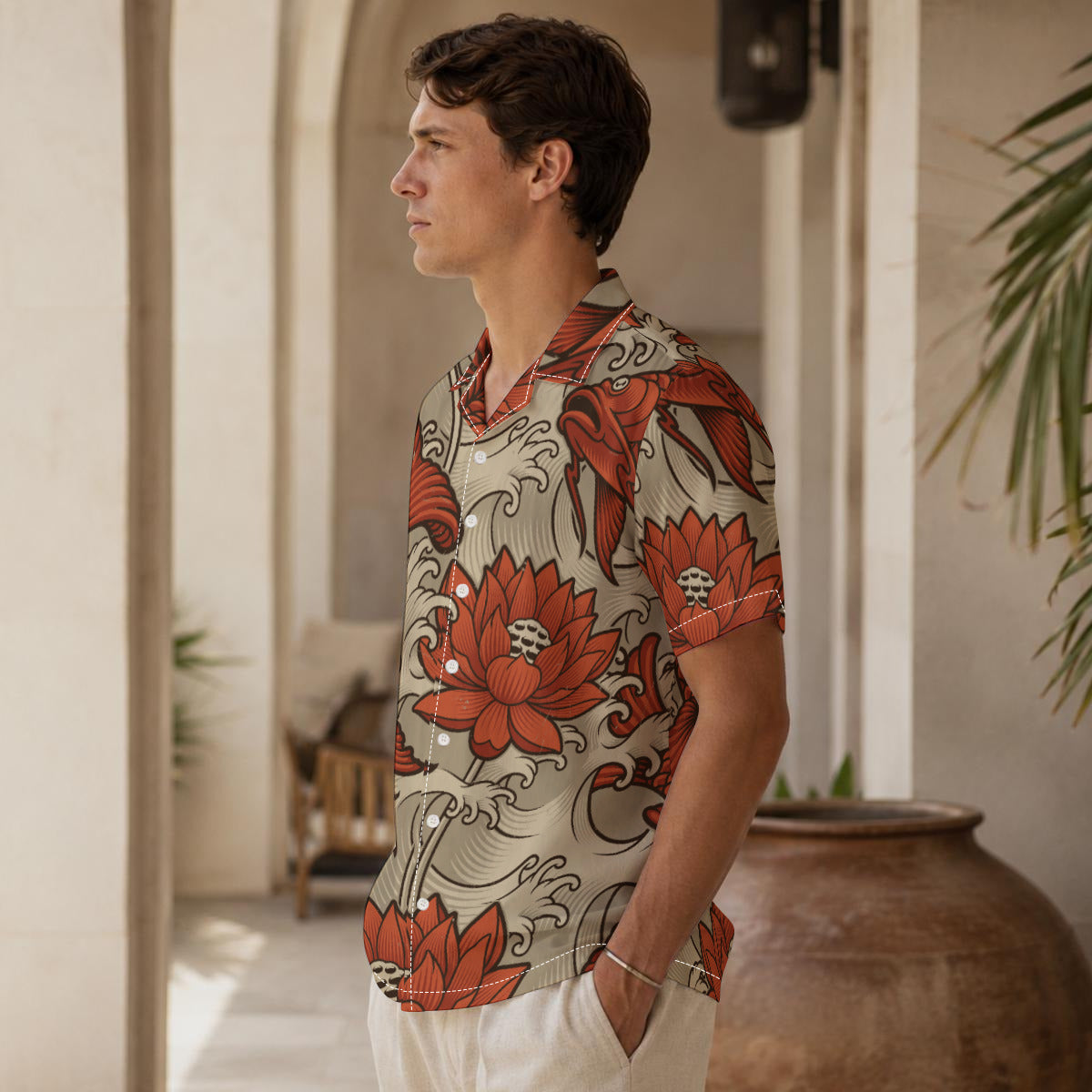 Orange and Cream Japanese Koi Print Men's Hawaiian Shirt |115GSM Cotton poplin