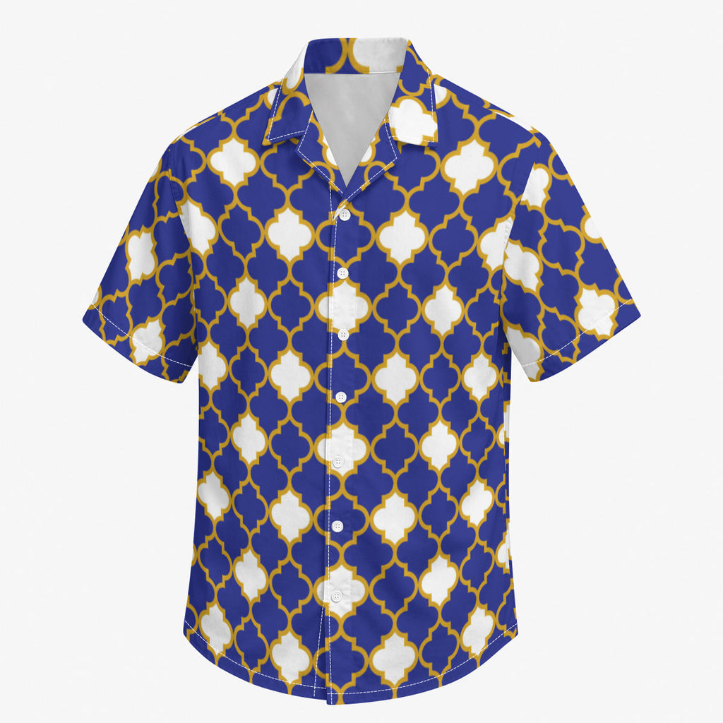 Blue and White Quatrefoil Print Hawaiian Shirt |115GSM Cotton poplin