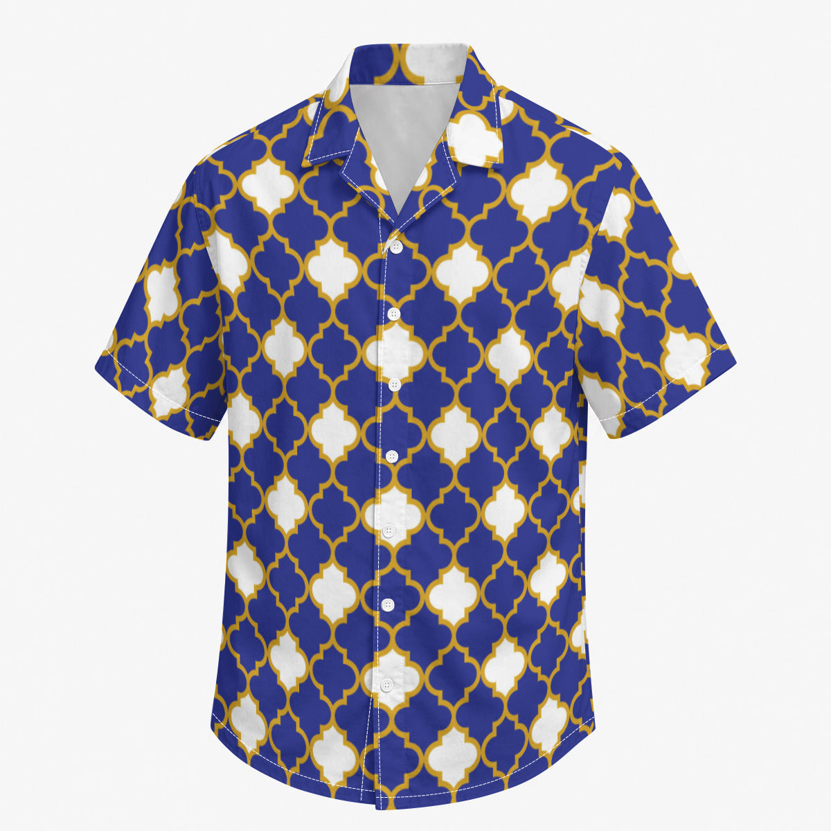 Blue and White Quatrefoil Print Hawaiian Shirt |115GSM Cotton poplin